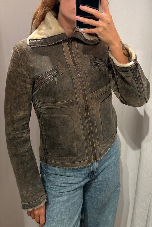 Patinated leather and sheepskin jacket