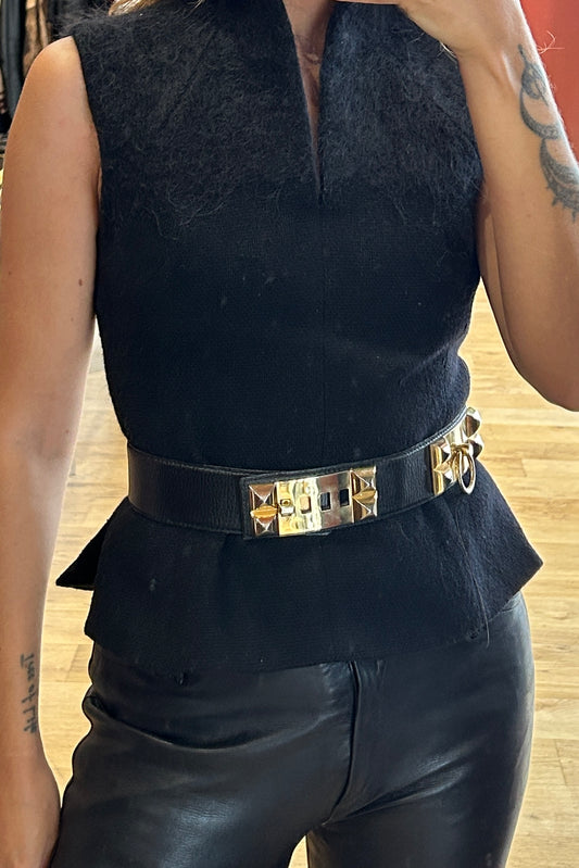 1980s Black Leather Belt with Gold-Tone Buckle - Hermès Style