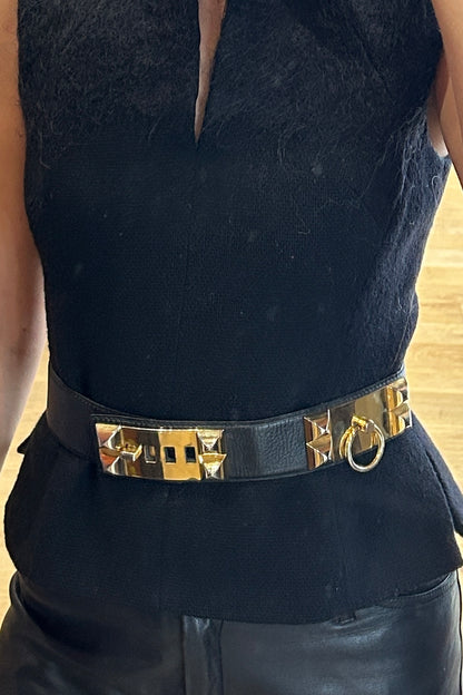 1980s Black Leather Belt with Gold-Tone Buckle - Hermès Style