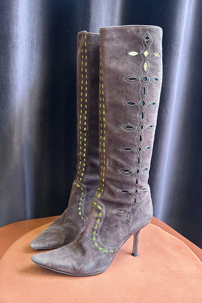 Jimmy Choo Brown Suede Long Boots with Green Accents