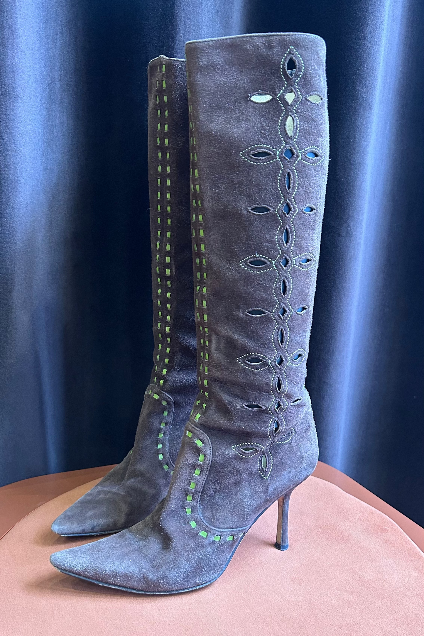 Jimmy Choo Brown Suede Long Boots with Green Accents