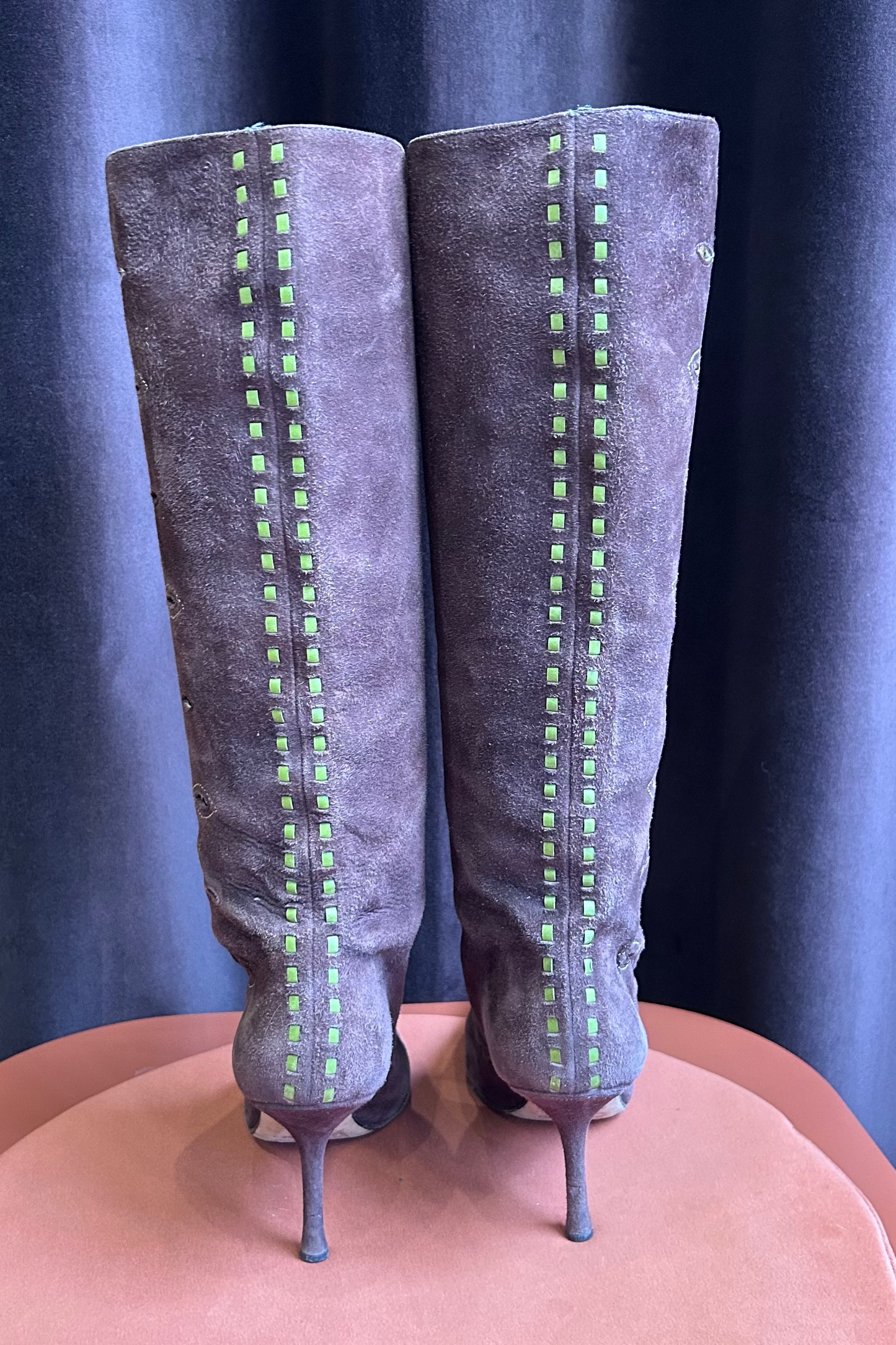 Jimmy Choo Brown Suede Long Boots with Green Accents