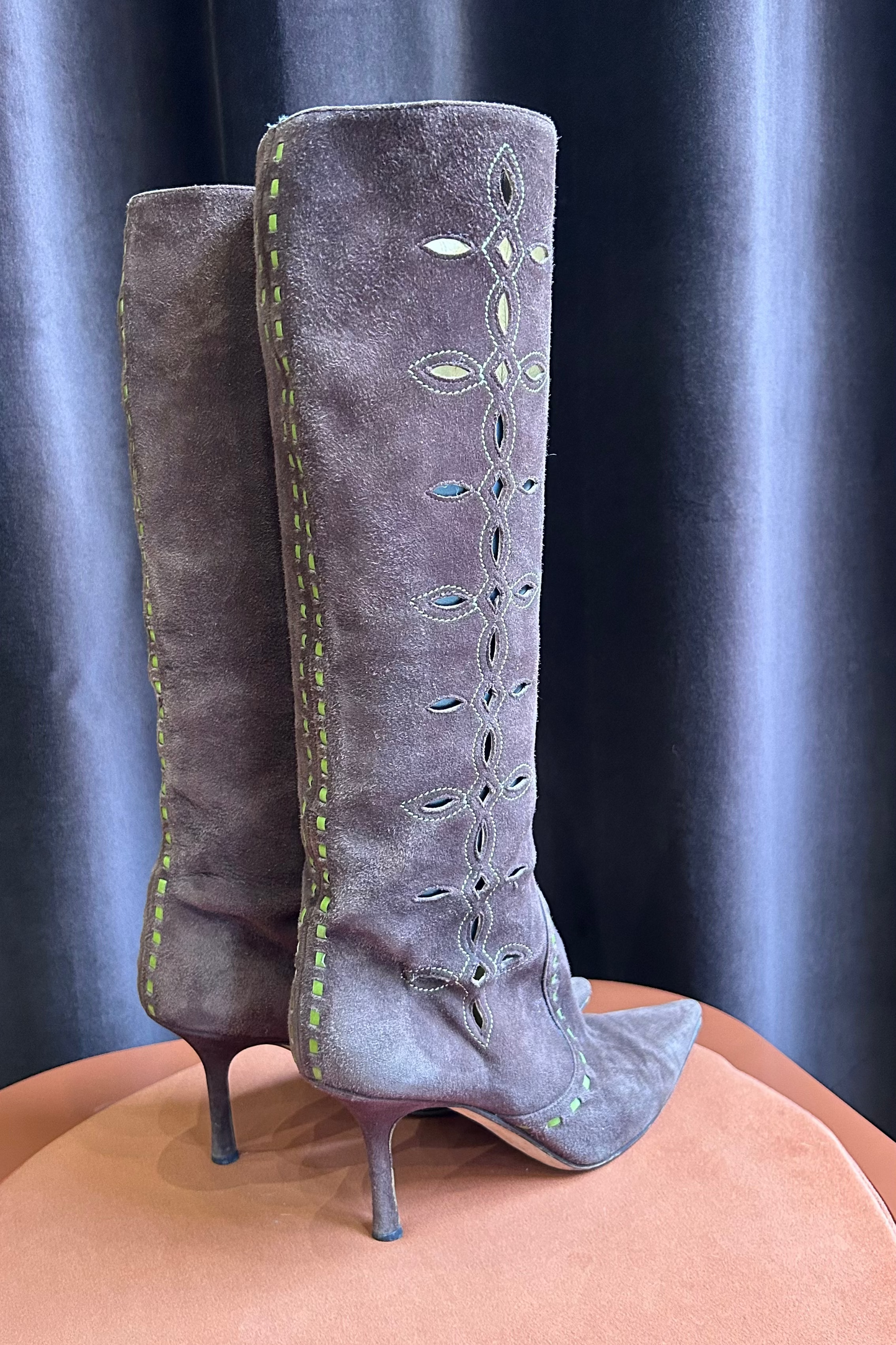 Jimmy Choo Brown Suede Long Boots with Green Accents