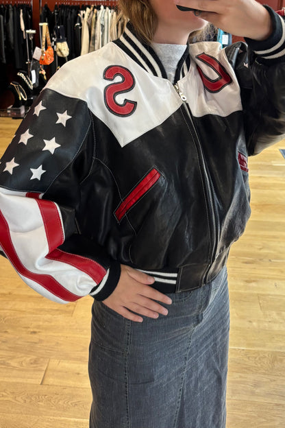 USA Flag Leather Bomber Jacket