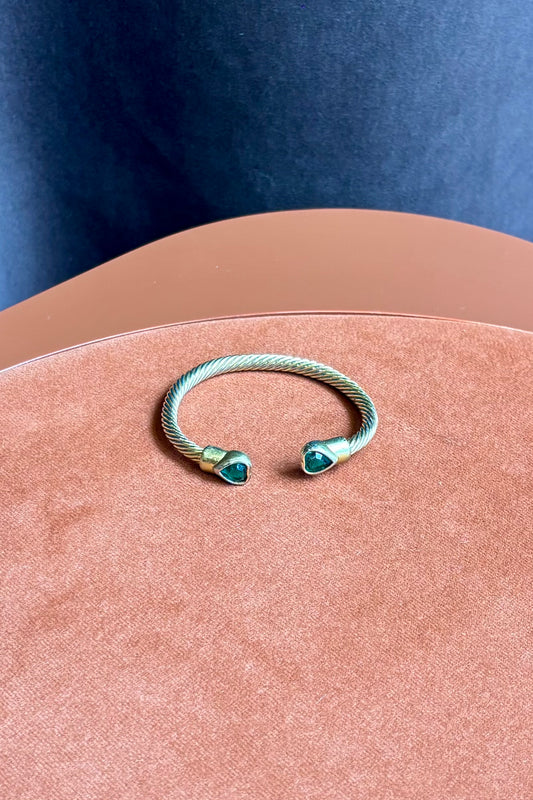 Adjustable Gold Cuff with Twin Green Heart Stones