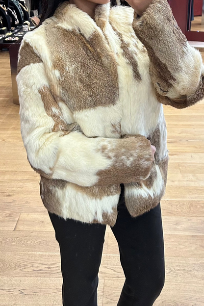 Vintage Cowhide-Style Rabbit Fur Jacket