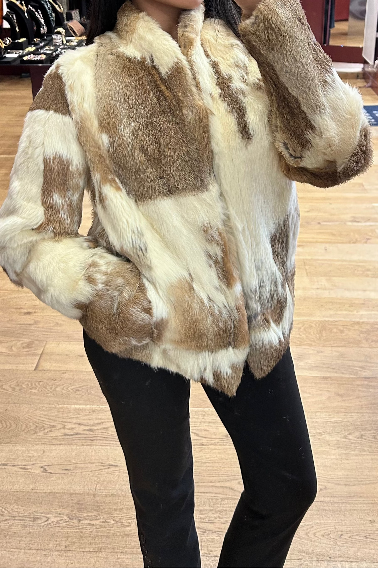 Vintage Cowhide-Style Rabbit Fur Jacket