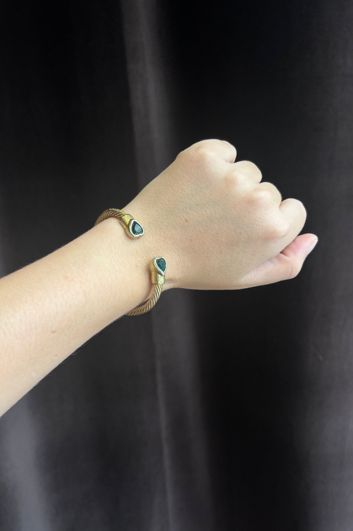 Adjustable Gold Cuff with Twin Green Heart Stones