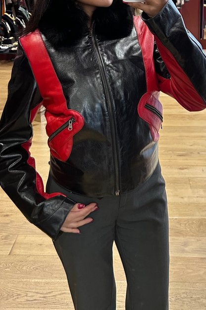 Vintage Italian Black and Red Leather Jacket with Fur Collar