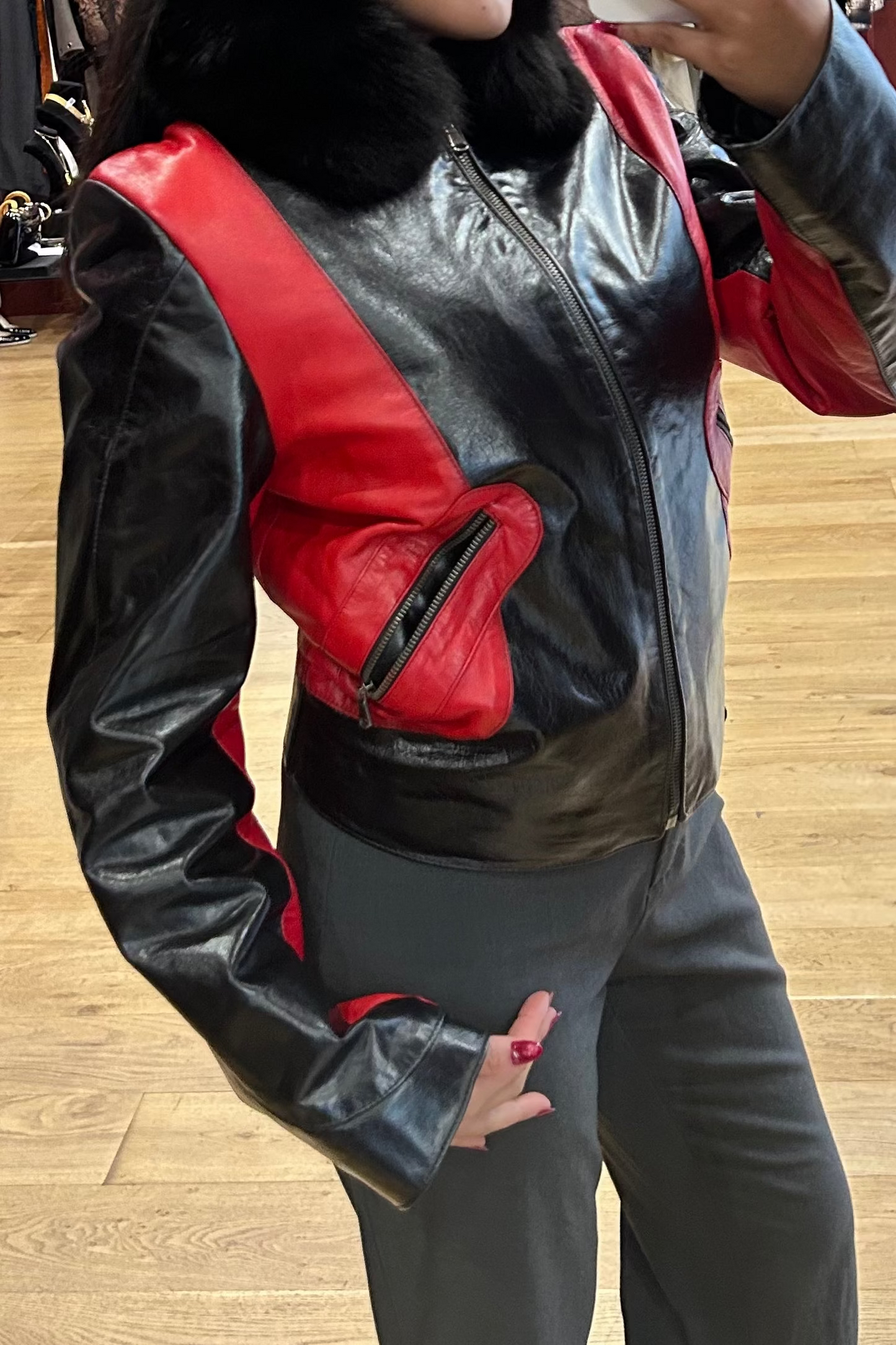 Vintage Italian Black and Red Leather Jacket with Fur Collar