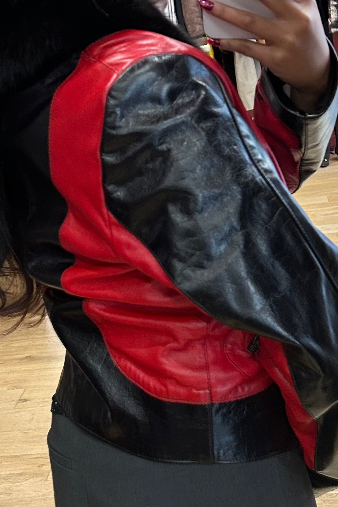 Vintage Italian Black and Red Leather Jacket with Fur Collar