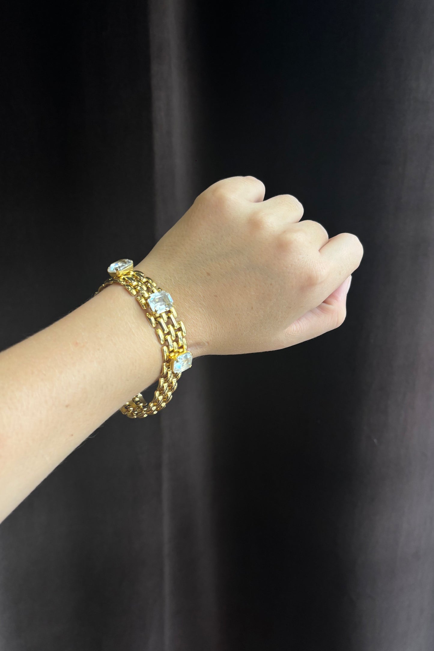 Watchband-Style Gold Bracelet with Faceted White Stones