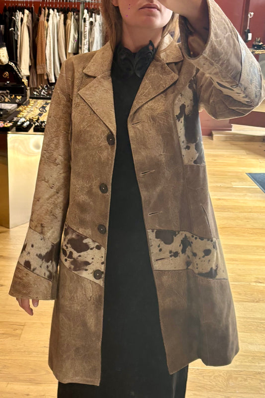 Long Patinated Leather Coat with Cowhide Inserts