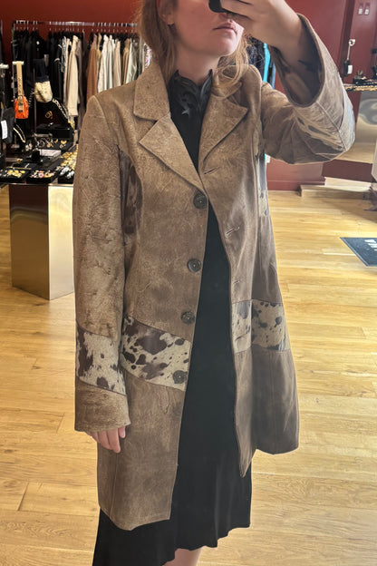 Long Patinated Leather Coat with Cowhide Inserts