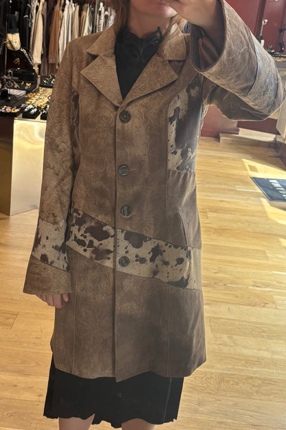 Long Patinated Leather Coat with Cowhide Inserts