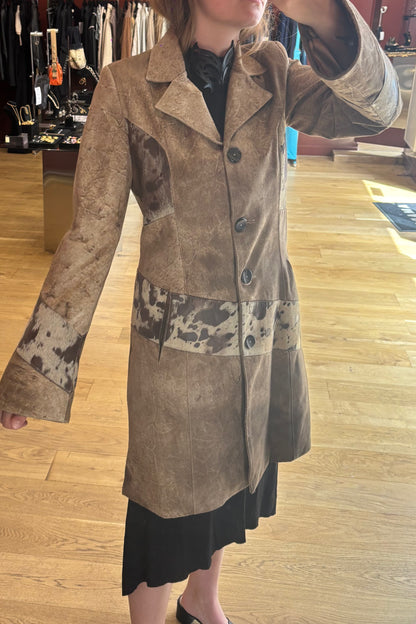 Long Patinated Leather Coat with Cowhide Inserts