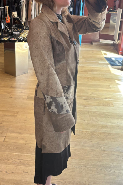 Long Patinated Leather Coat with Cowhide Inserts