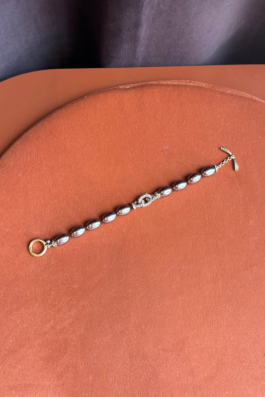 Monet Grey Beaded Bracelet with Rhinestone Accents and Dragonfly Clasp