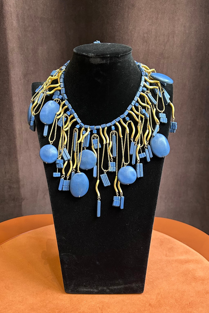 Vintage Blue and Gold-Tone Geometric Statement Necklace