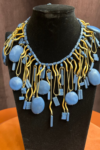 Vintage Blue and Gold-Tone Geometric Statement Necklace