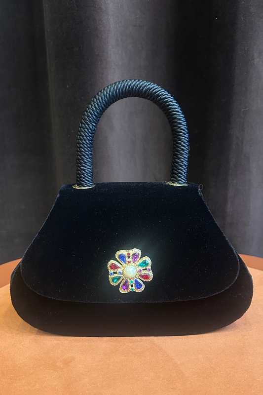 Vintage Black Velvet Evening Bag with Multicolor flower