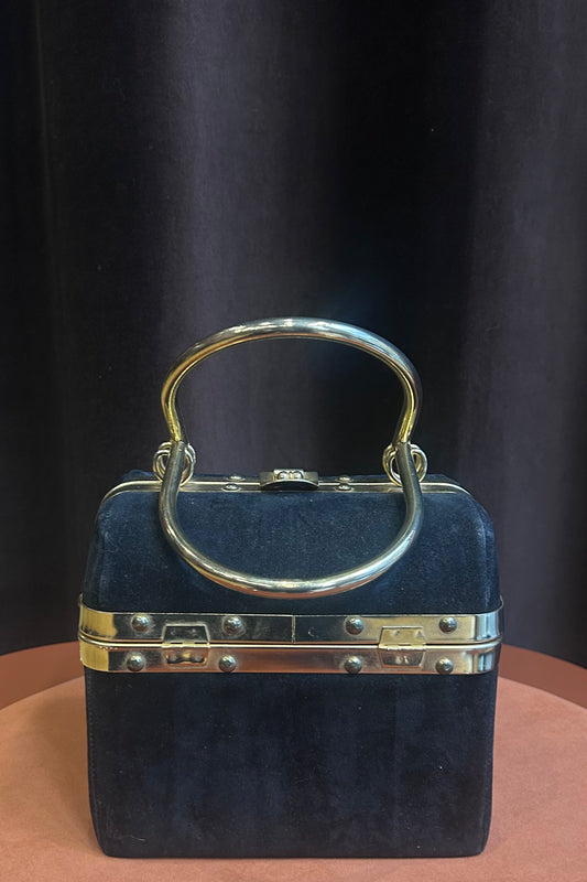 Vintage Black Velvet Box Bag with Gold-Tone