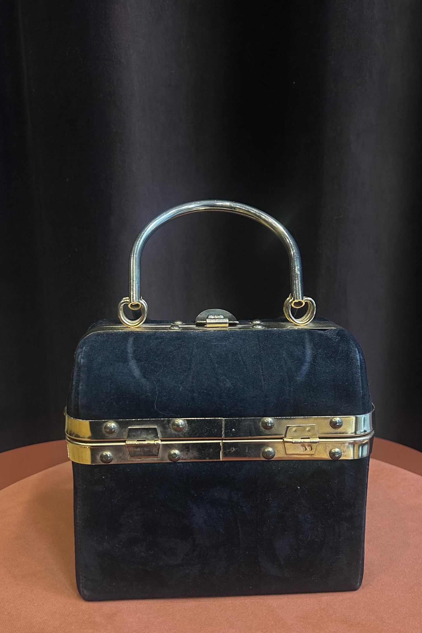 Vintage Black Velvet Box Bag with Gold-Tone