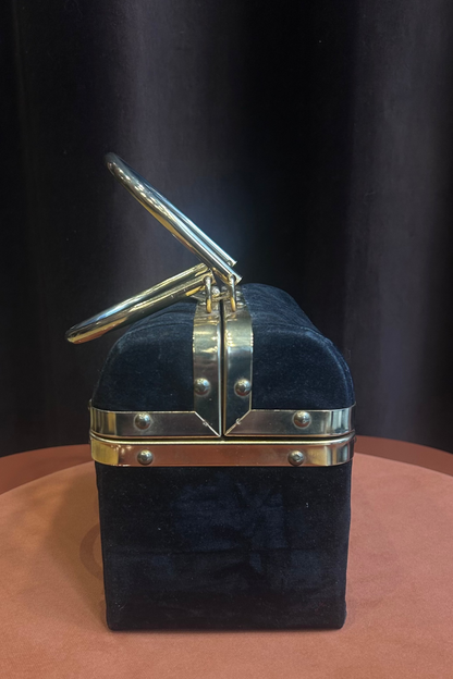 Vintage Black Velvet Box Bag with Gold-Tone