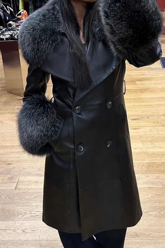 Vintage Black Leather Coat with Fox Fur Trim