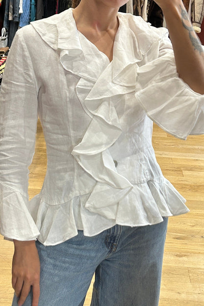 Vintage Cottonade White Ruffled Cotton Shirt