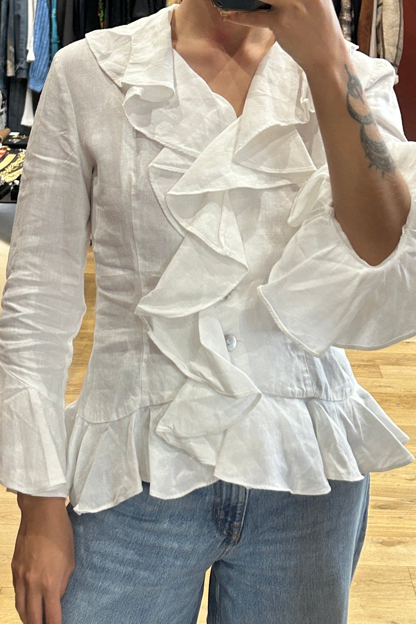 Vintage Cottonade White Ruffled Cotton Shirt