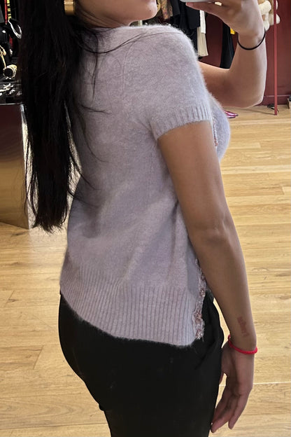 Vintage Mauve Angora Twinset with Floral Rhinestones