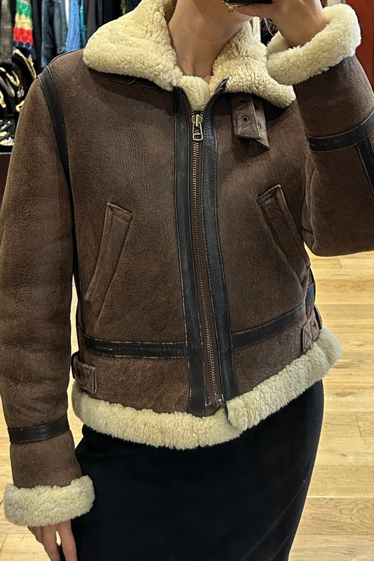 Vintage Brown Shearling Leather Aviator Jacket – 1990s