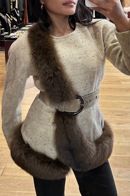 Vintage Beige Wool Jacket with Brown Fox Fur & Suede Belt
