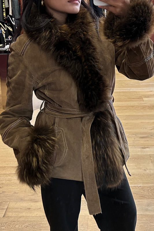 Vintage Combipel Light Brown Suede Jacket with Dark Brown Fox Fur