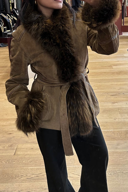 Vintage Combipel Light Brown Suede Jacket with Dark Brown Fox Fur