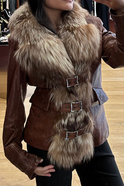 Vintage Brown Leather Coat with Rhinestones & Fox Fur