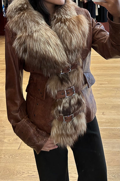 Vintage Brown Leather Coat with Rhinestones & Fox Fur