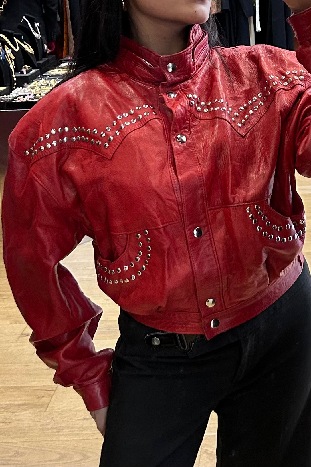 Manigance Red Leather Cropped Jacket