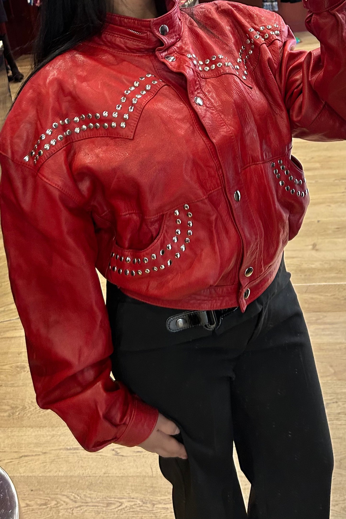 Manigance Red Leather Cropped Jacket