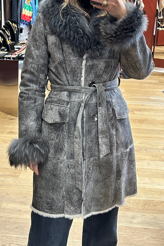 Vintage Long Grey Leather Coat with Fox Fur