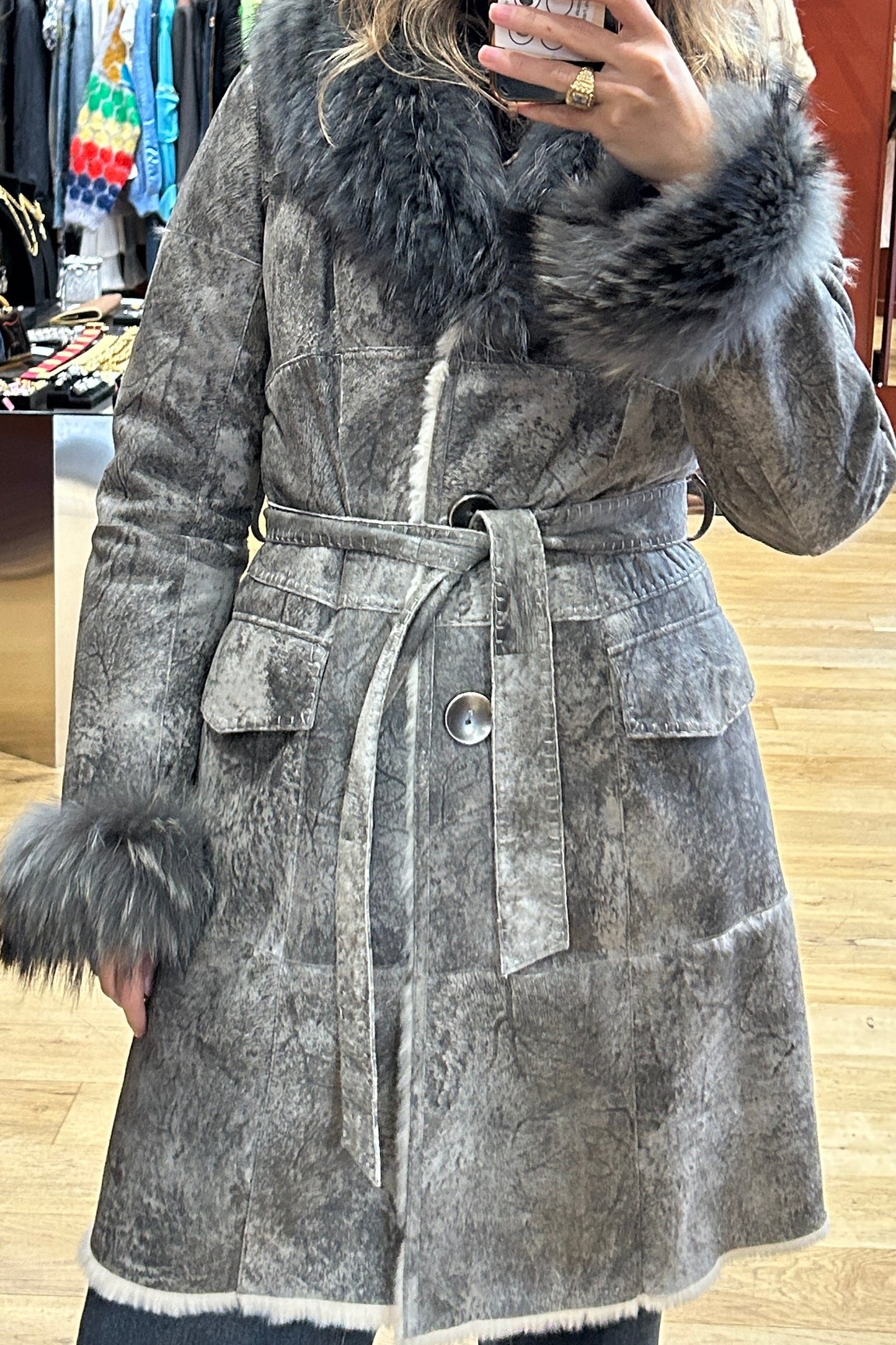 Vintage Long Grey Leather Coat with Fox Fur