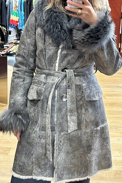 Vintage Long Grey Leather Coat with Fox Fur