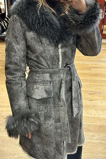Vintage Long Grey Leather Coat with Fox Fur