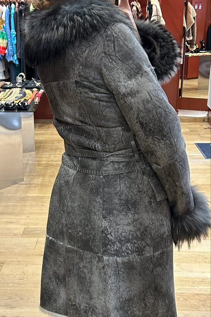 Vintage Long Grey Leather Coat with Fox Fur