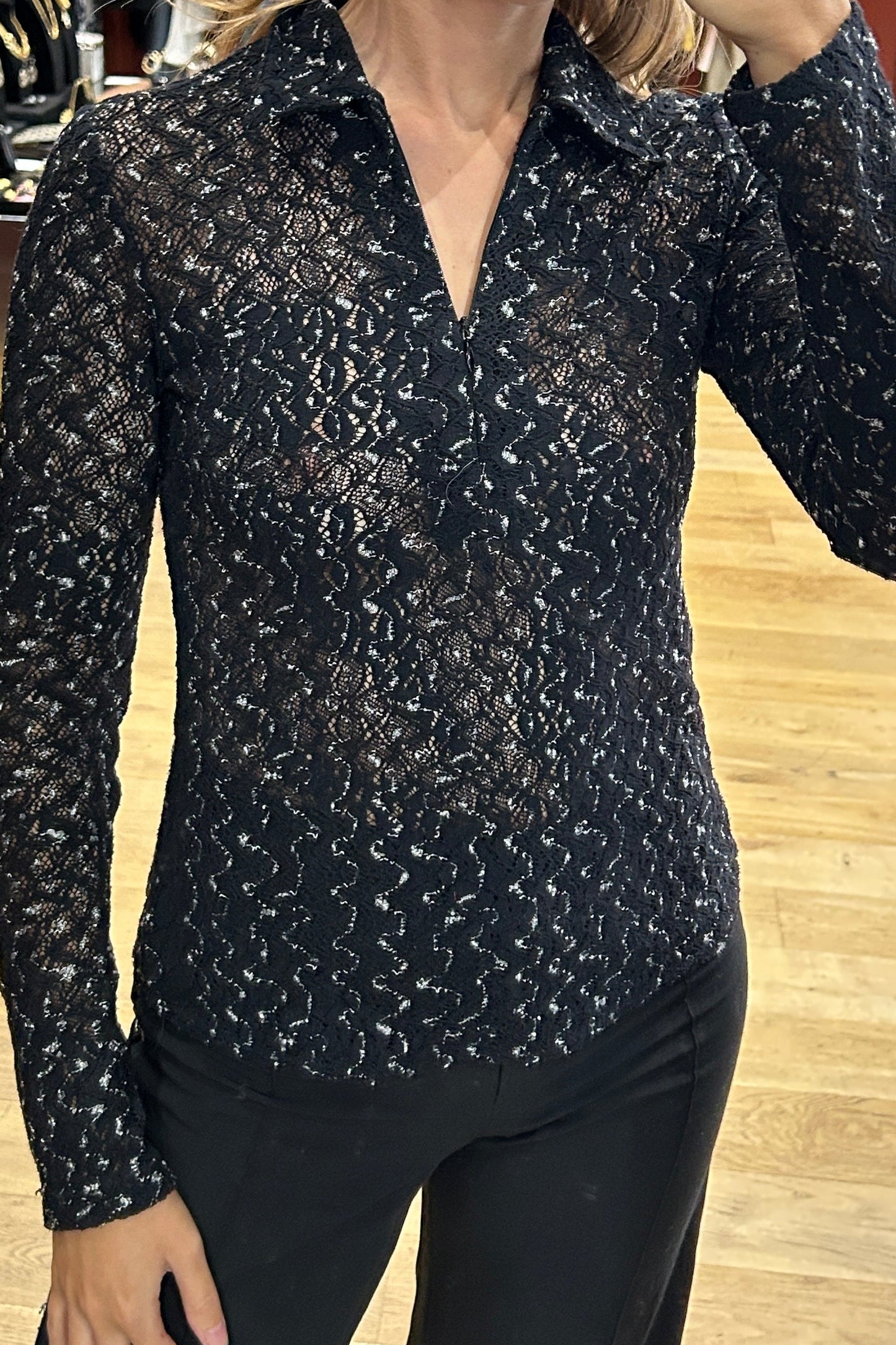 Anne Fontaine Black Lace Blouse Silver Details