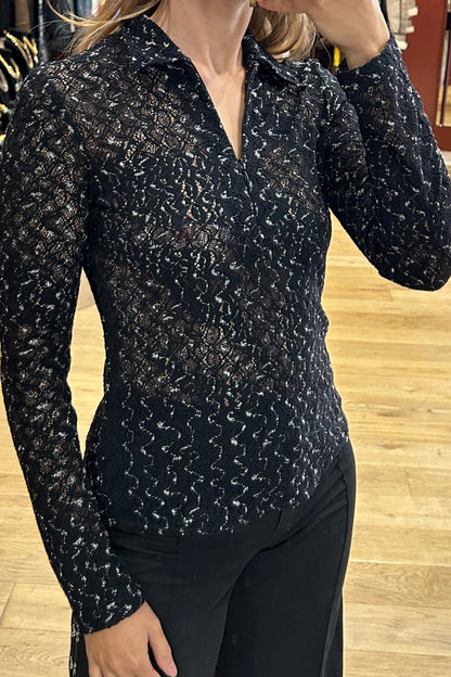 Anne Fontaine Black Lace Blouse Silver Details