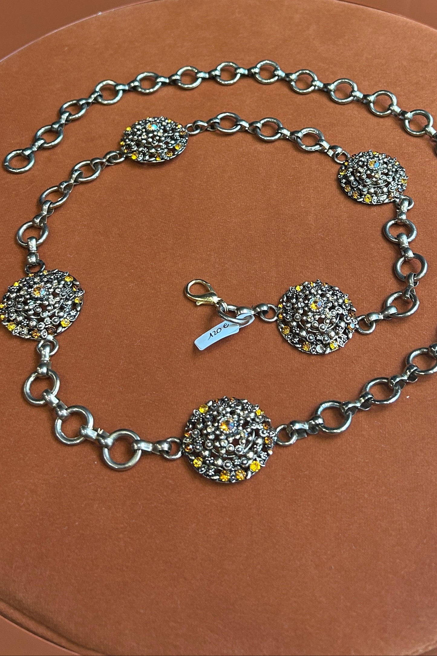 Gold Chain Belt with Orange Crystal Medallion – Adjustable Vintage Statement