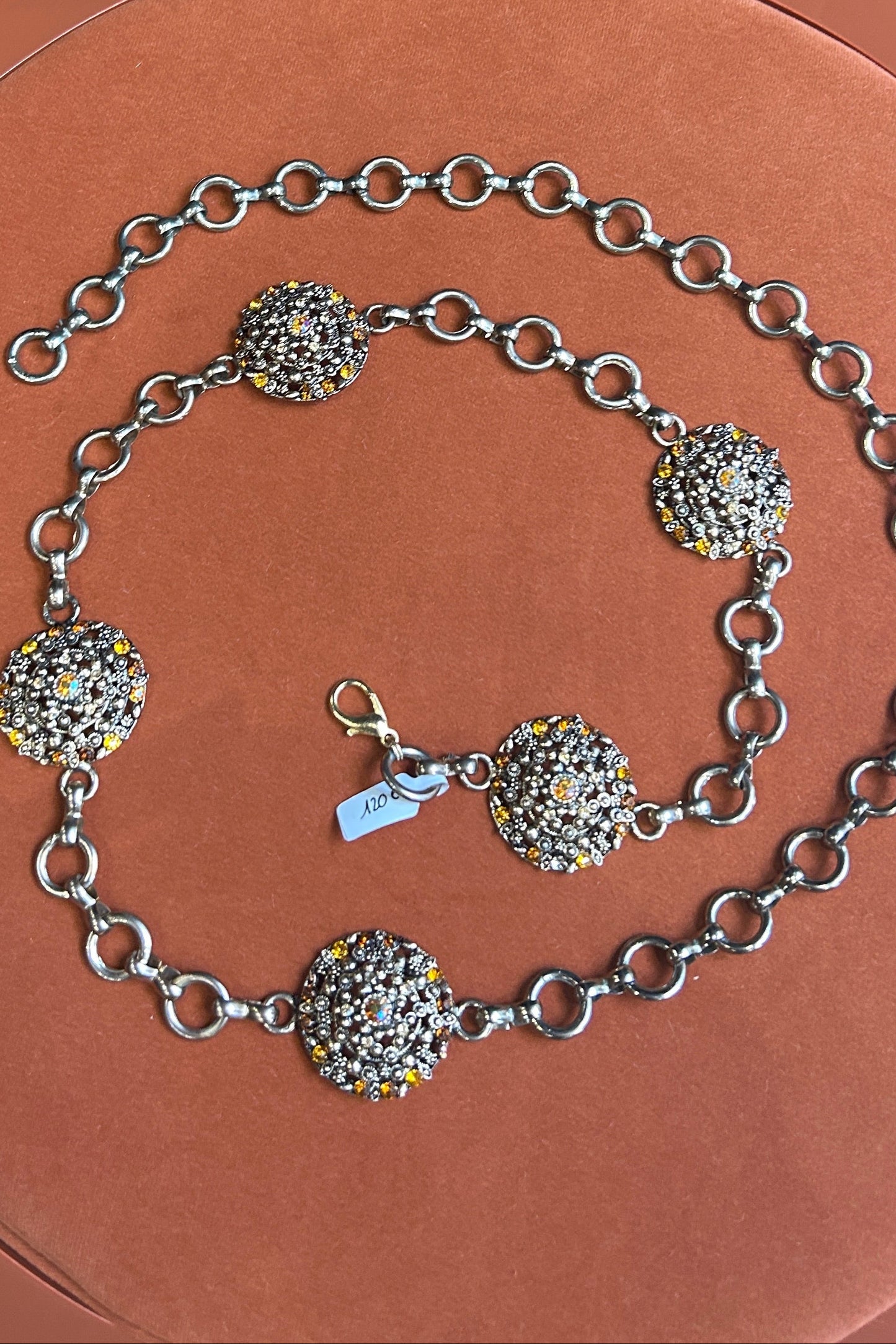 Gold Chain Belt with Orange Crystal Medallion – Adjustable Vintage Statement