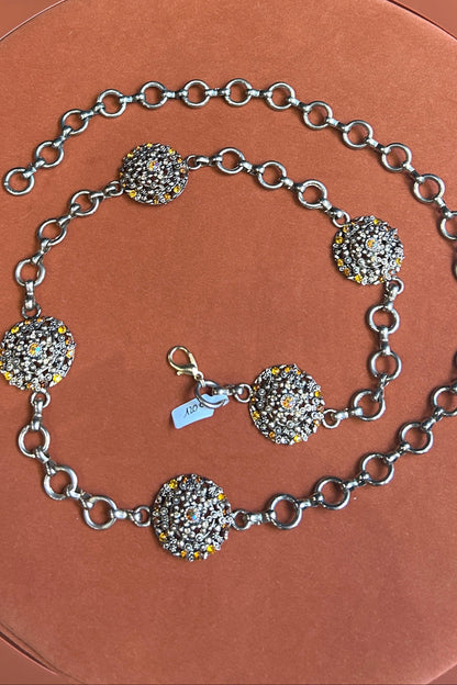 Gold Chain Belt with Orange Crystal Medallion – Adjustable Vintage Statement